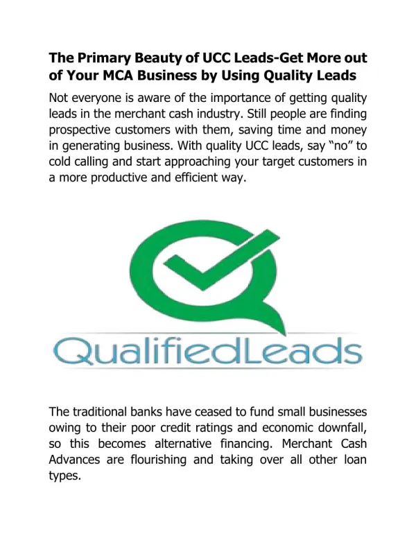 The Primary Beauty of UCC Leads-Get More out of Your MCA Business by Using Quality Leads