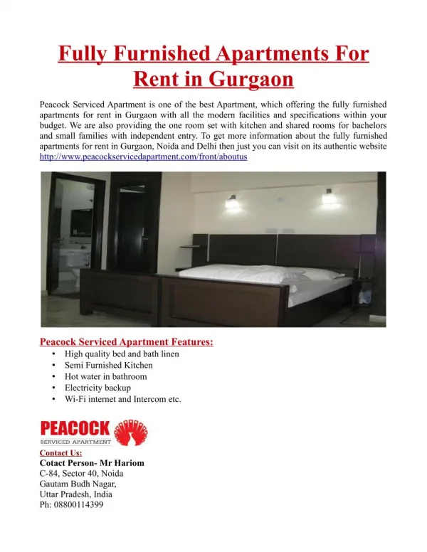 Fully Furnished Apartments For Rent in Gurgaon