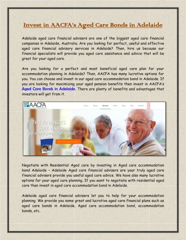 Invest in AACFA’s Aged Care Bonds in Adelaide