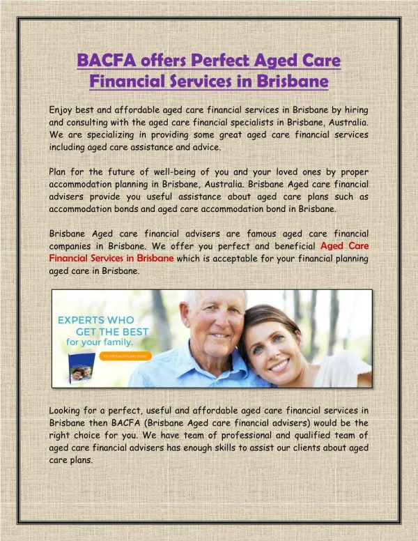 BACFA offers Perfect Aged Care Financial Services in Brisbane