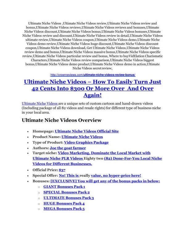 Ultimate Niche Videos review and (Free) $21,400 Bonus & Discount