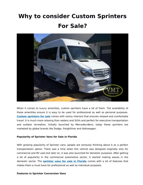Why to consider Custom Sprinters For Sale?