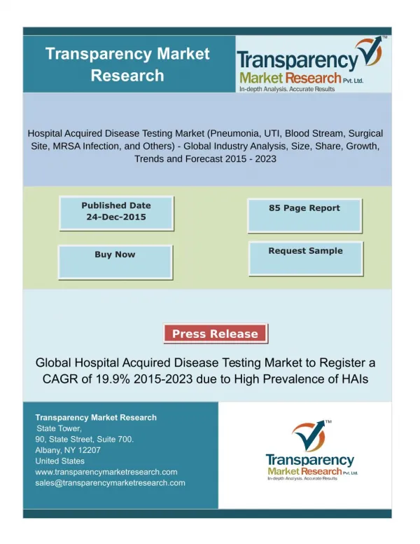 Hospital Acquired Disease Testing Market to Register a CAGR of 19.9% 2015-2023 due to High Prevalence of HAIs
