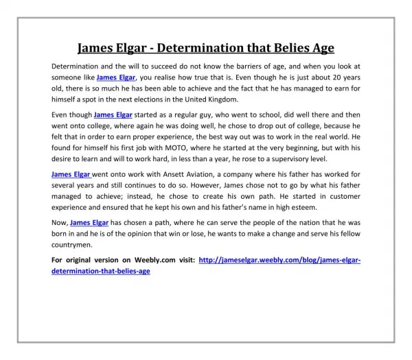 James Elgar - Determination that Belies Age