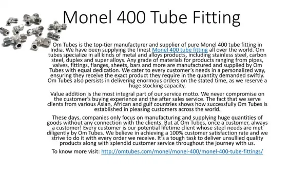 Monel 400 Tube Fitting