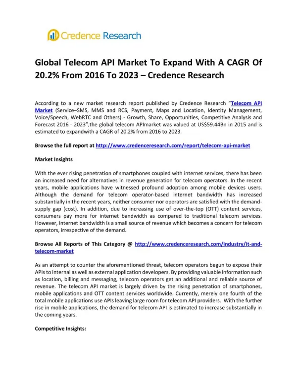 Global Telecom API Market To Expand With A CAGR Of 20.2% From 2016 To 2023 – Credence Research