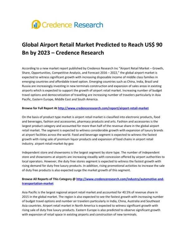 Global Airport Retail Market Predicted to Reach US$ 90 Bn by 2023 – Credence Research
