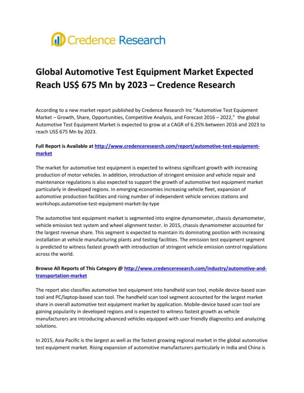 Global Automotive Test Equipment Market Expected Reach US$ 675 Mn by 2023 – Credence Research