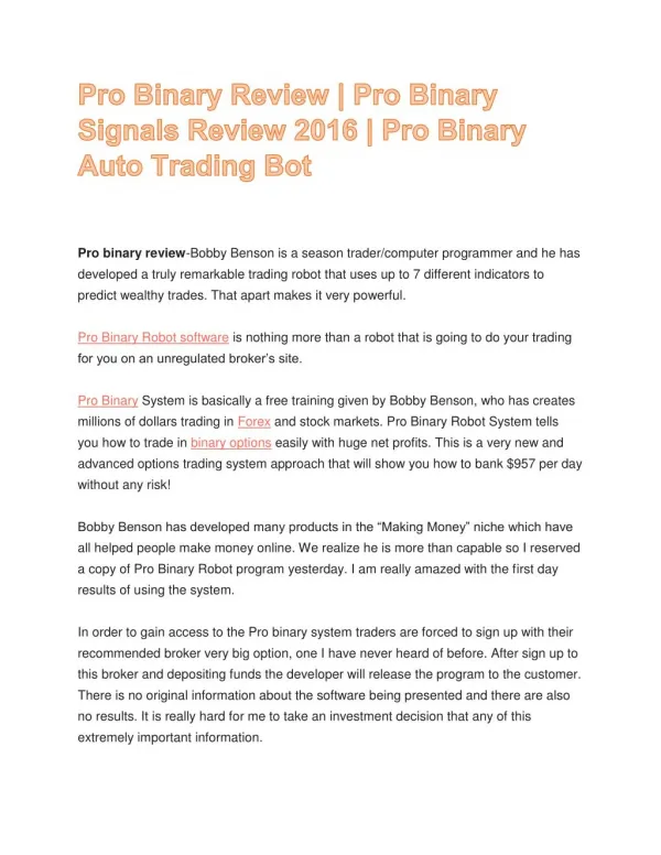 Pro Binary Review | Pro Binary Signals Review 2016 | Pro Binary Auto Trading Bot
