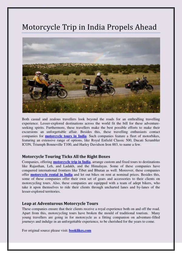 Motorcycle Trip in India Propels Ahead
