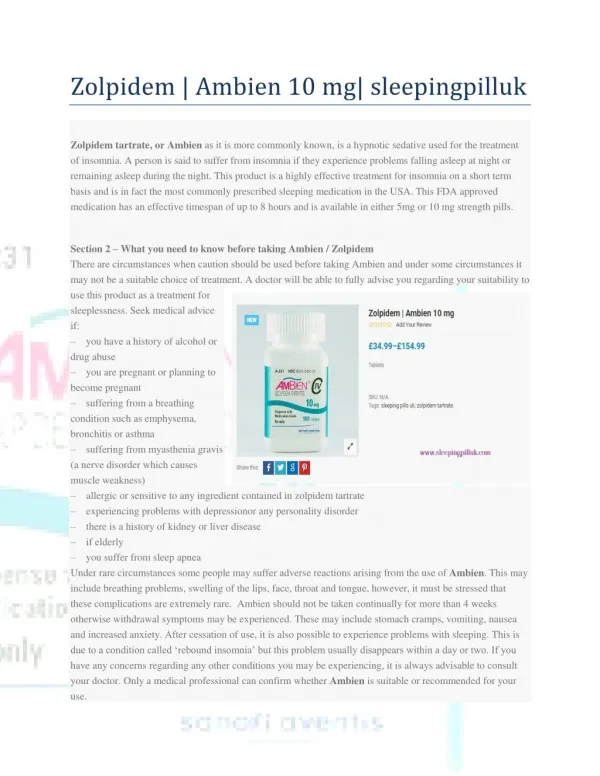 Zolpidem | Ambien 10 mg| sleepingpilluk