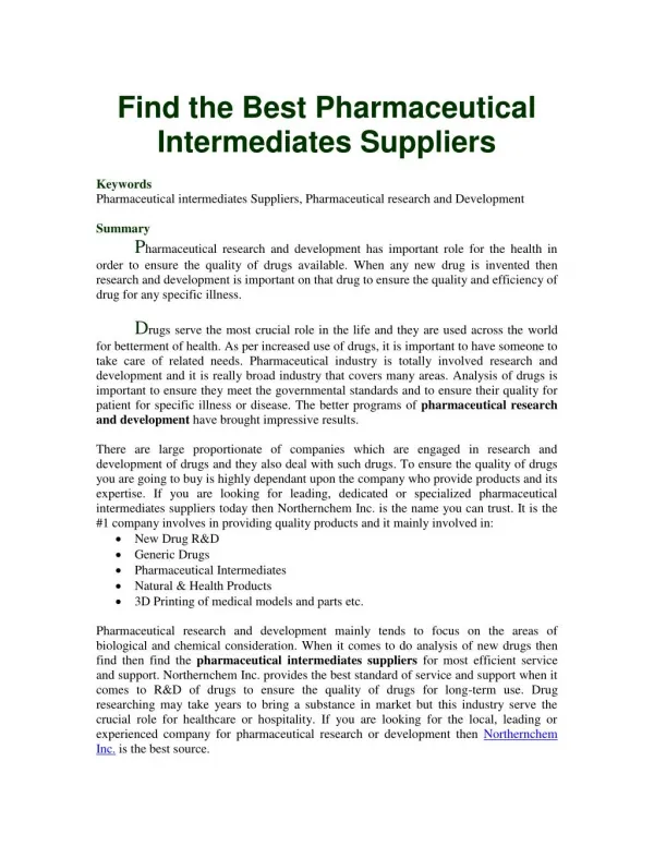 Find the Best Pharmaceutical Intermediates Suppliers