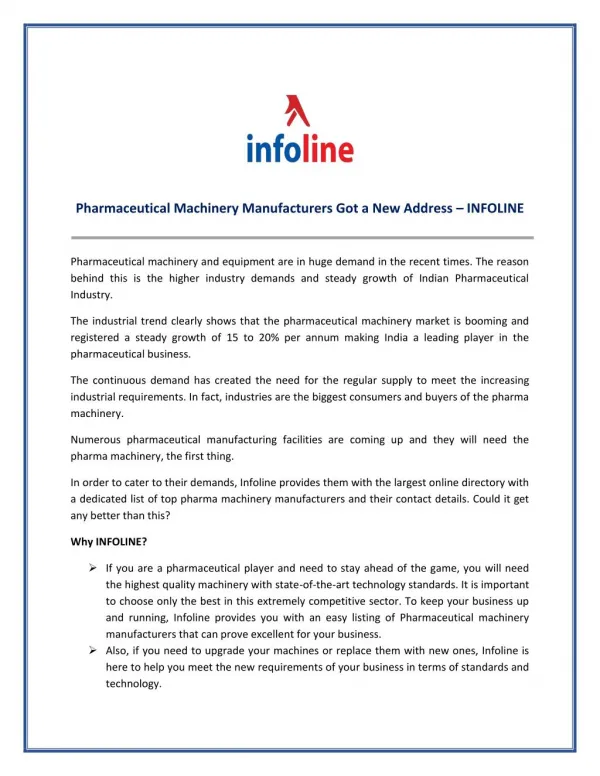 Pharmaceutical Machinery Manufacturers Got A New Address – INFOLINE