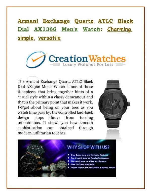 Armani Exchange Quartz ATLC Black Dial AX1366 Men's Watch: Charming, simple, versatile