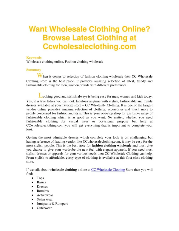Want Wholesale Clothing Online? Browse Latest Clothing at Ccwholesaleclothing.com
