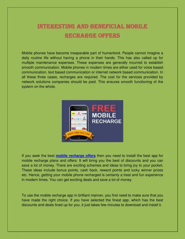 Interesting and Beneficial Mobile Recharge Offers