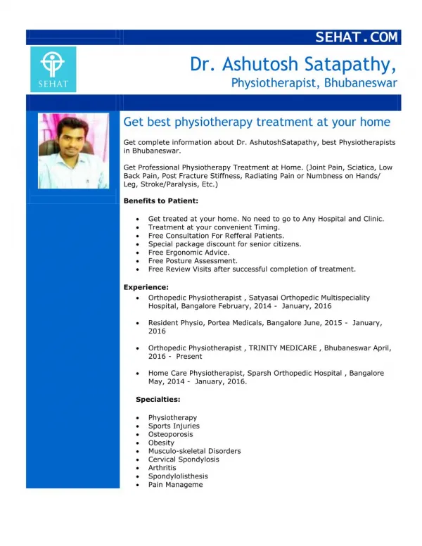Dr. Ashutosh Satapathy, Best Physiotherapists | Sehat.com