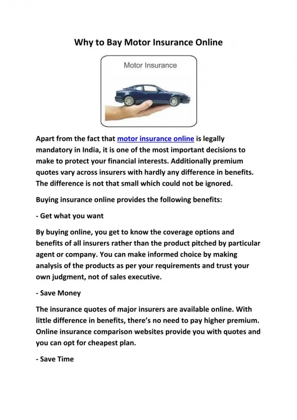 Why to Bay Motor Insurance Online