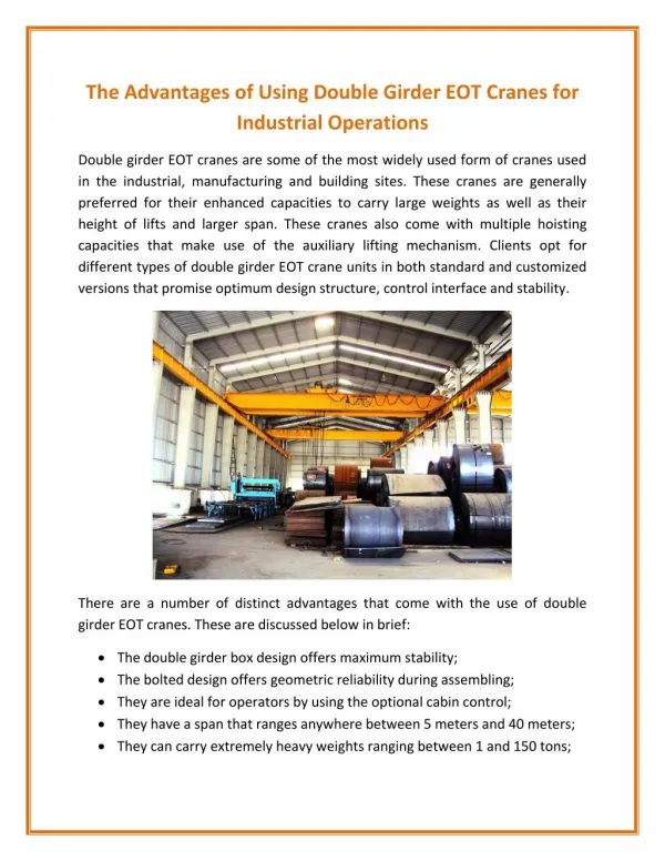 The Advantages of Using Double Girder EOT Cranes for Industrial Operations