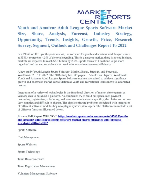 Youth and Amateur Adult League Sports Software Market Analysis And Industry Insights Report To 2022