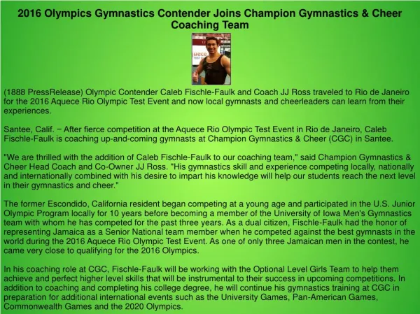 2016 Olympics Gymnastics Contender Joins Champion Gymnastics & Cheer Coaching Team