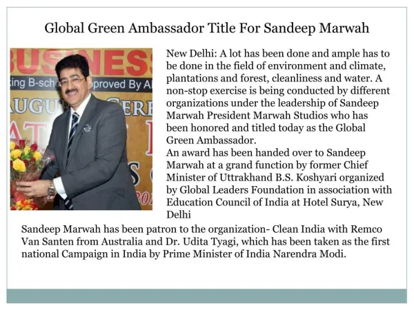 Global Green Ambassador Title For Sandeep Marwah