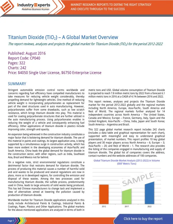 Booming Construction and Automotive Industries Spur Demand for Titanium Dioxide to touch 7.8 Million MTs by 2022