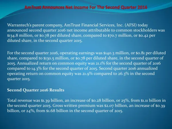 AmTrust Announces Net Income For The Second Quarter 2016