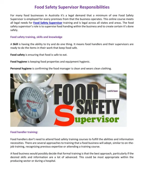Food Safety Supervisor Responsibilities