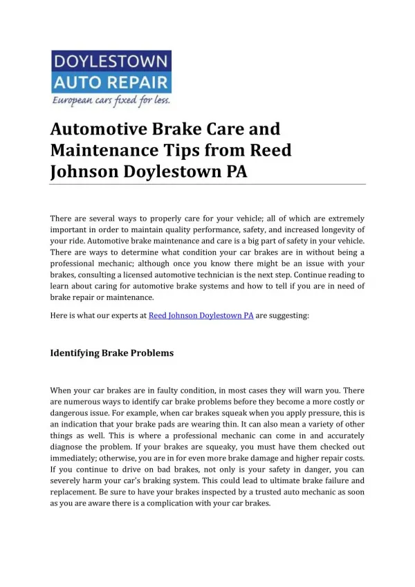 Automotive Brake Care and Maintenance Tips from Reed Johnson Doylestown PA