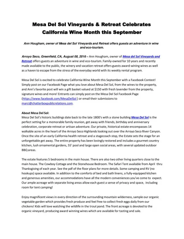 Mesa Del Sol Vineyards & Retreat Celebrates California Wine Month this September