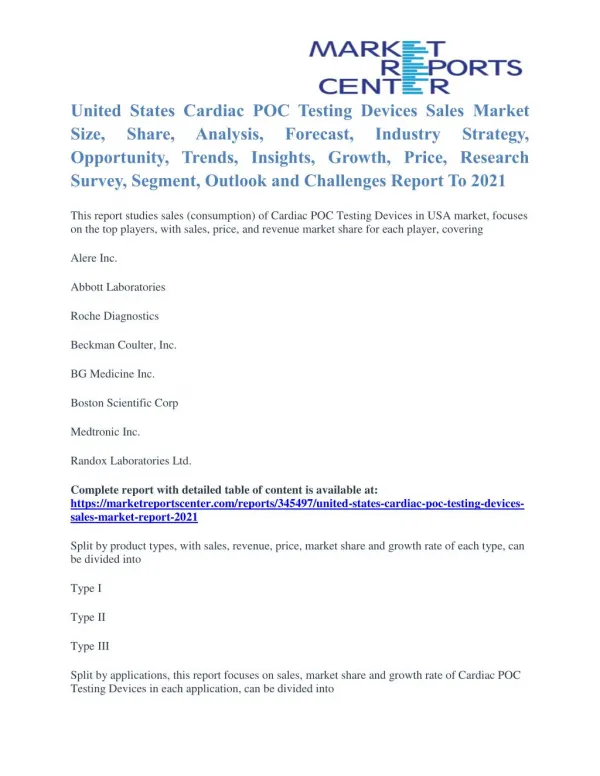 United States Cardiac POC Testing Devices Sales Market Analysis, Demand, Growth, Opportunities, Technology, Segmentation