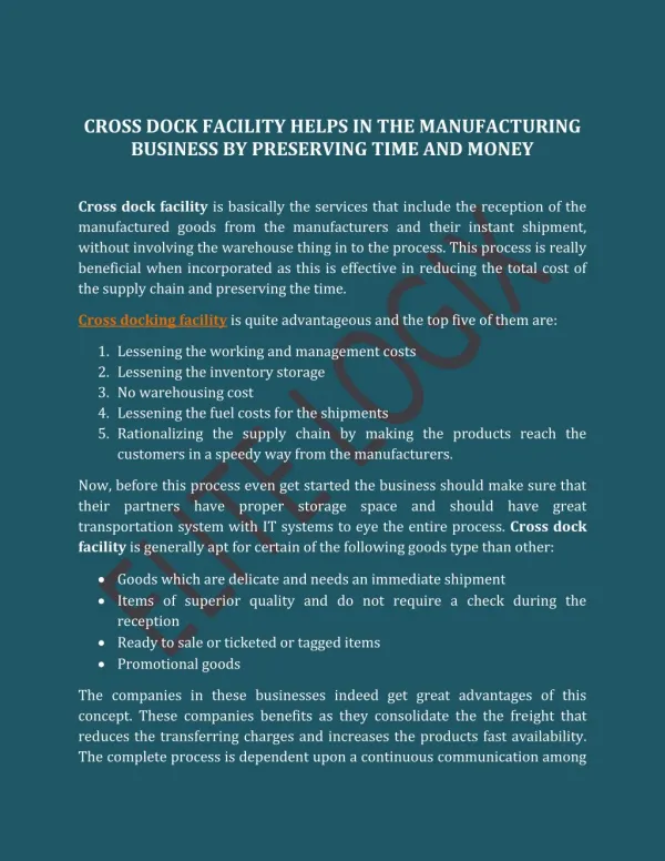 Cross Dock Facility Helps In The Manufacturing Business By Preserving Time And Money