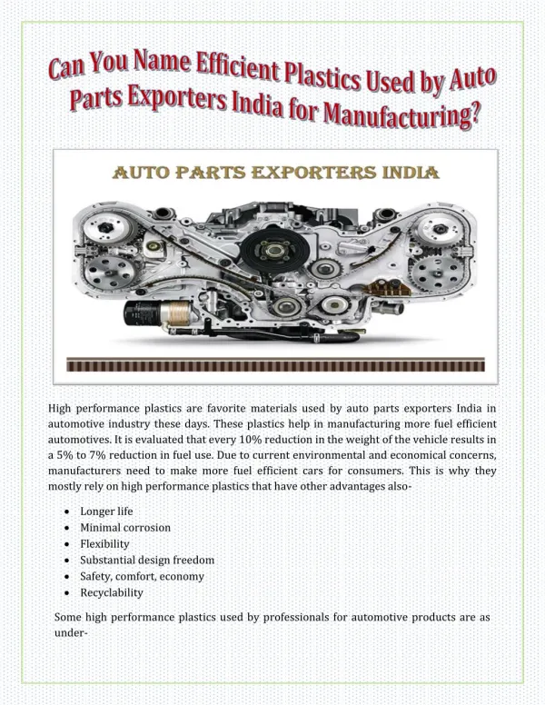 Can You Name Efficient Plastics Used by Auto Parts Exporters India for Manufacturing?