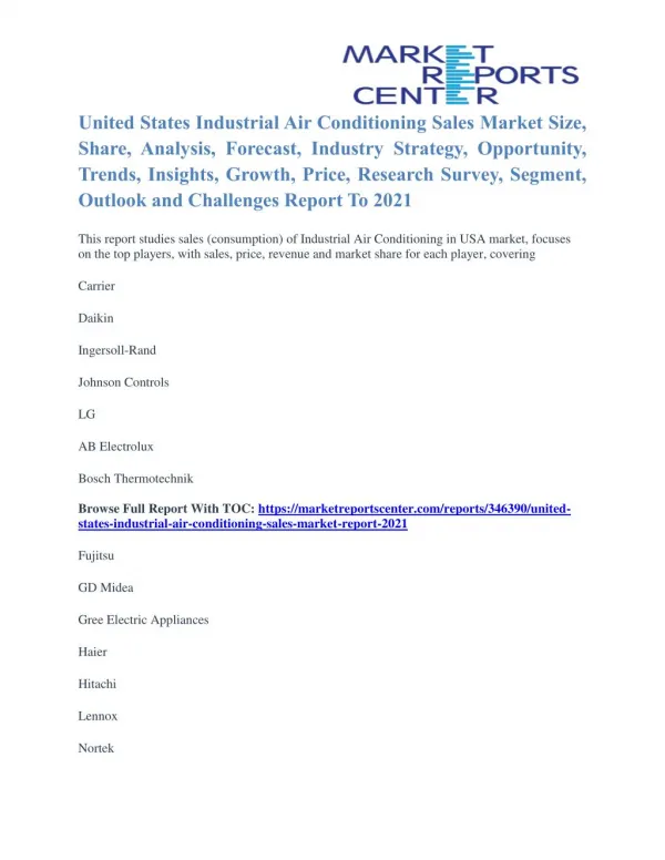 United States Industrial Air Conditioning Sales Market Size Report To 2021 - Market Reports Center