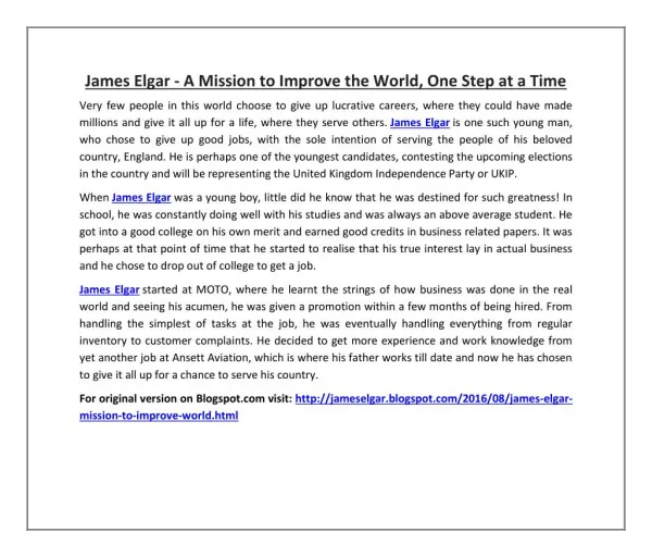 James Elgar - A Mission to Improve the World, One Step at a Time