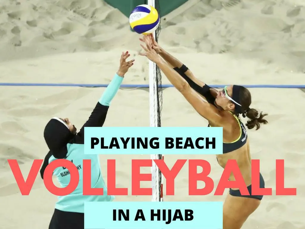 playing shoreline volleyball in a hijab