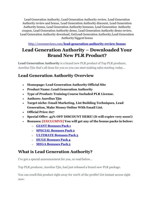 Lead Generation Authority Review & Lead Generation Authority $16,700 bonuses