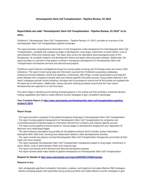 Hematopoietic Stem Cell Transplantation - Pipeline Review, H1 2016