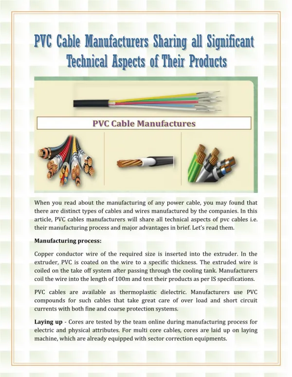 PVC Cable Manufacturers Sharing all Significant Technical Aspects of Their Products