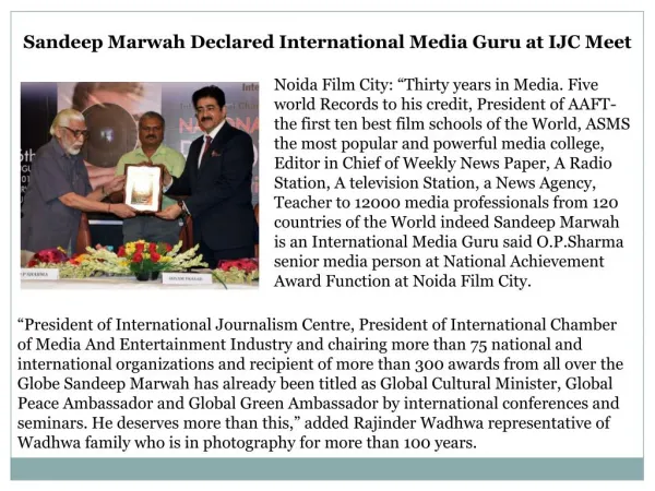 Sandeep Marwah Declared International Media Guru at IJC Meet