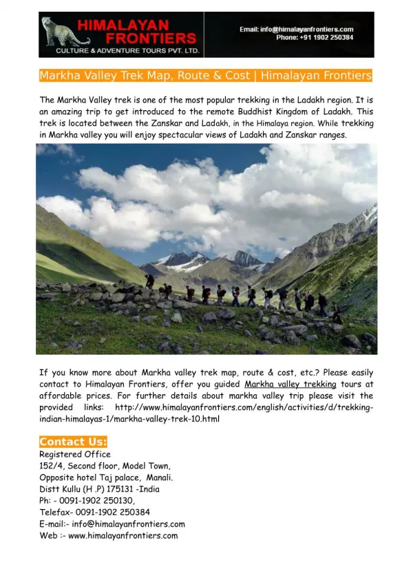 Markha Valley Trek Map, Route & Cost - Himalayan Frontiers