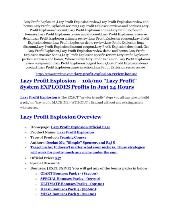 Lazy Profit Explosion review and (MEGA) bonuses – Lazy Profit Explosion