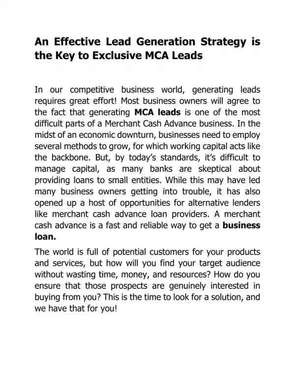 An Effective Lead Generation Strategy is the Key to Exclusive MCA Leads