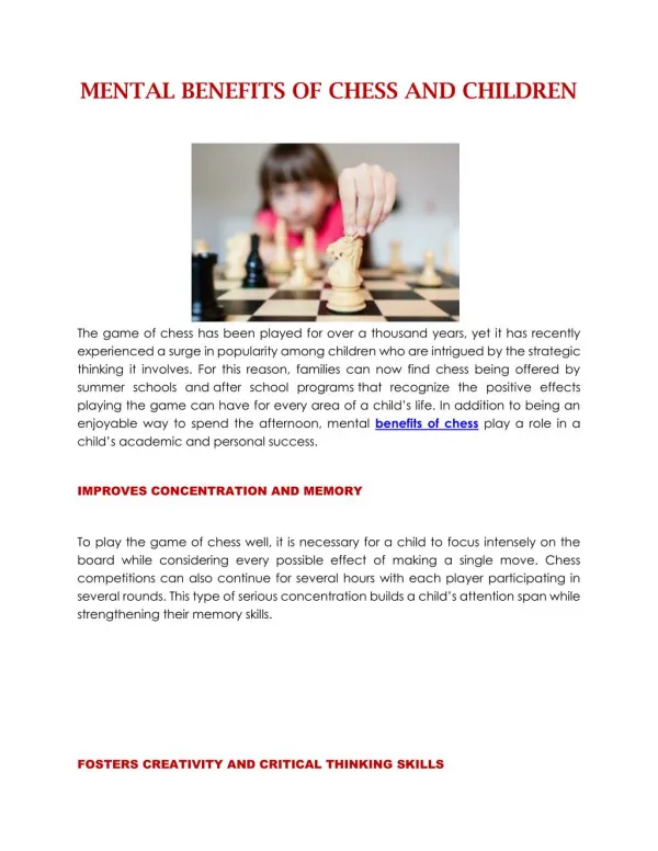 MENTAL BENEFITS OF CHESS AND CHILDREN