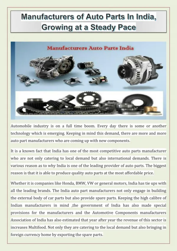 Manufacturers of Auto Parts In India, Growing at a Steady Pace