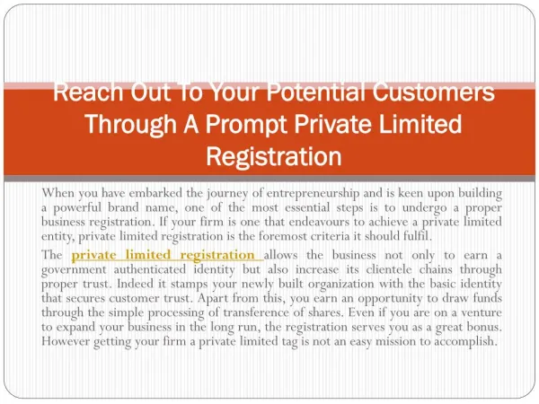 Reach Out To Your Potential Customers Through A Prompt Private Limited Registration