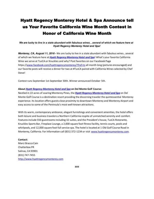 Hyatt Regency Monterey Hotel & Spa Announce tell us Your Favorite California Wine Month Contest