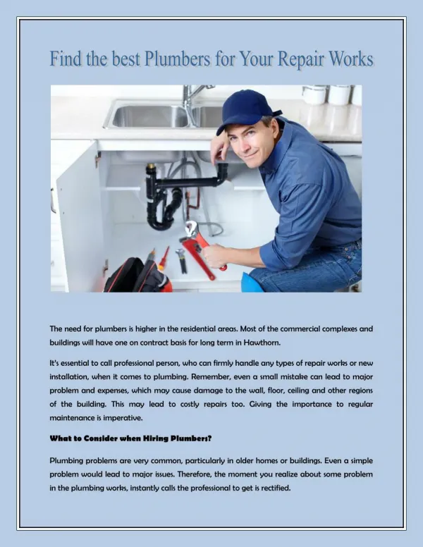 Find the best Plumbers for Your Repair Works