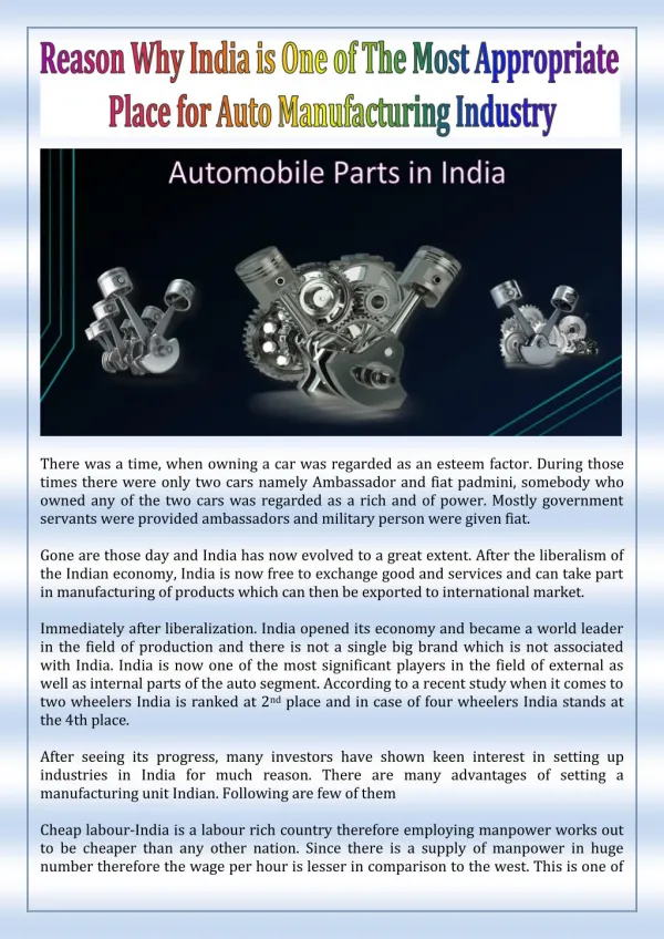 Reason Why India is One of The Most Appropriate Place for Auto Manufacturing Industry